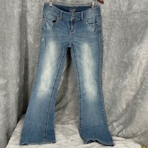 Vintage Vanity Women's Curvy Flare Jeans Light Wash Denim Sz 29W 32LL Distressed